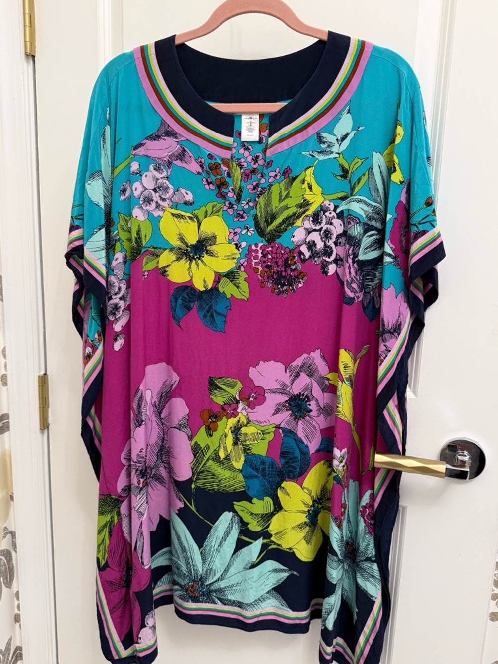 Trina Turk Teal Floral Tunic with Pink & Navy Accents